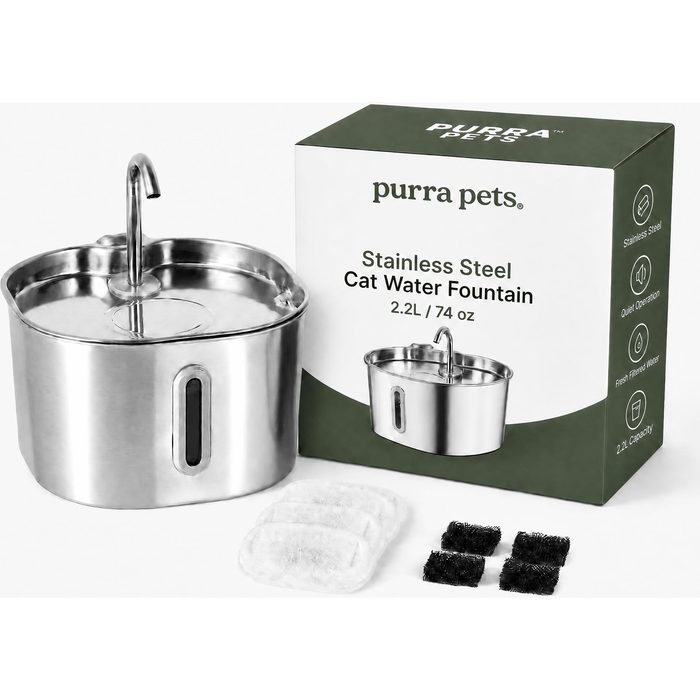 Purra stainless steel water fountain with two filter sets
